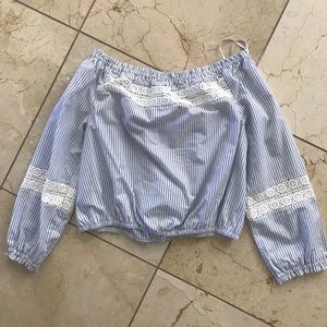 Blue and white smocked off the shoulder top